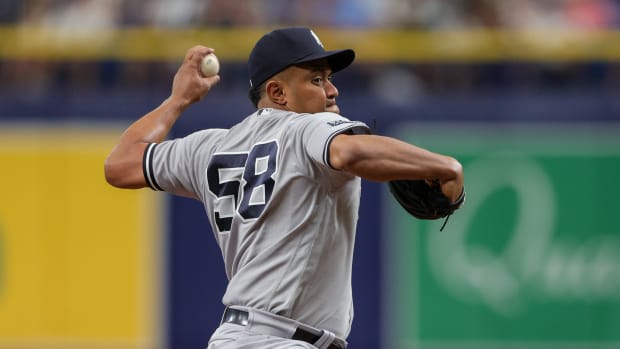 New York Yankees relief pitcher Wandy Peralta throws a pitch against the Tampa Bay Rays in the sixth inning at Tropicana Field. (2023)